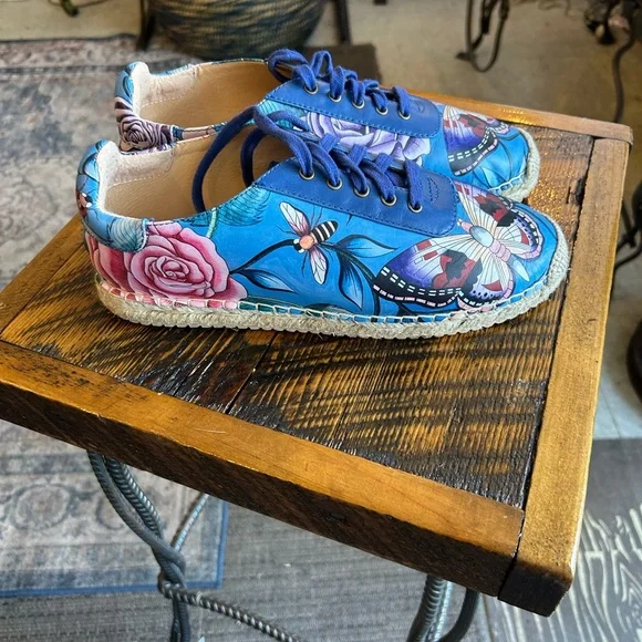 Anuschka Blue Floral & Butterfly Espadrille  Sneakers Boho Art Wear Hand Painted - Picture 9 of 9